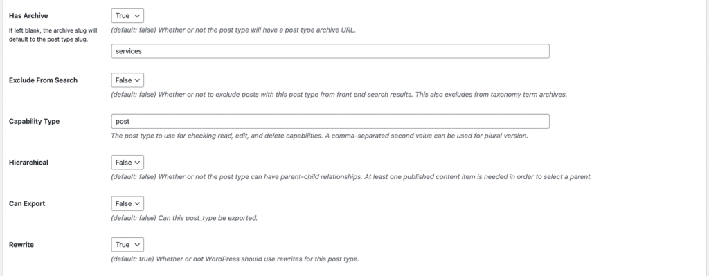 WordPress Custom Post Type Settings
